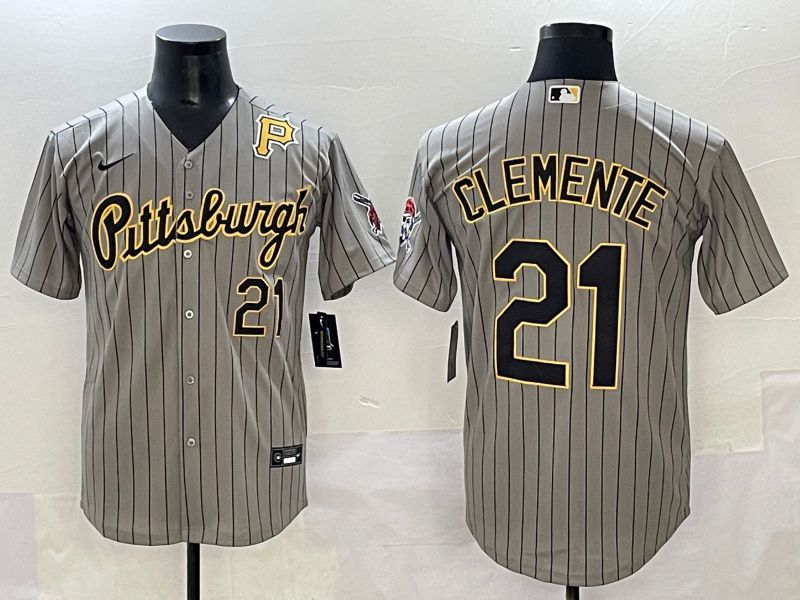 Men 2025 Pittsburgh Pirates #21 Clemente Grey Stripe Throwback Nike MLB Jersey style 3